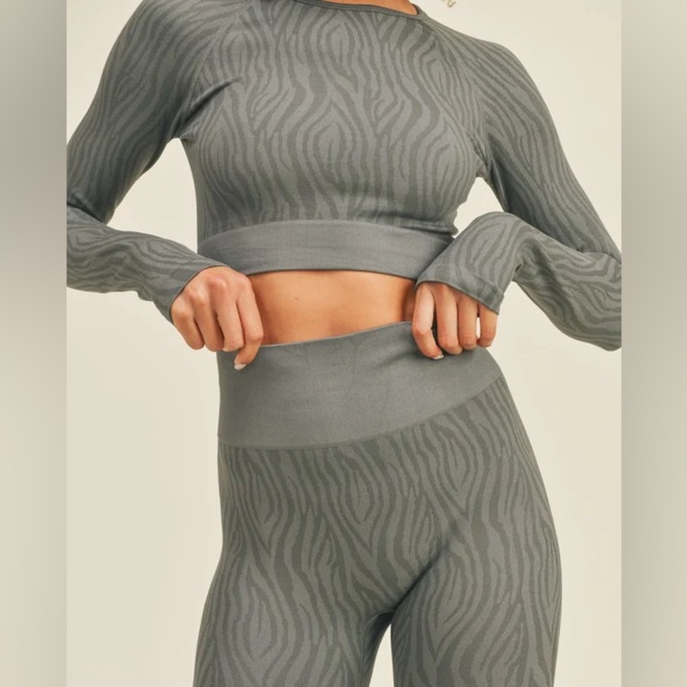 Two Piece Long Sleeve Yoga Workout Set | Gray Zebra Print